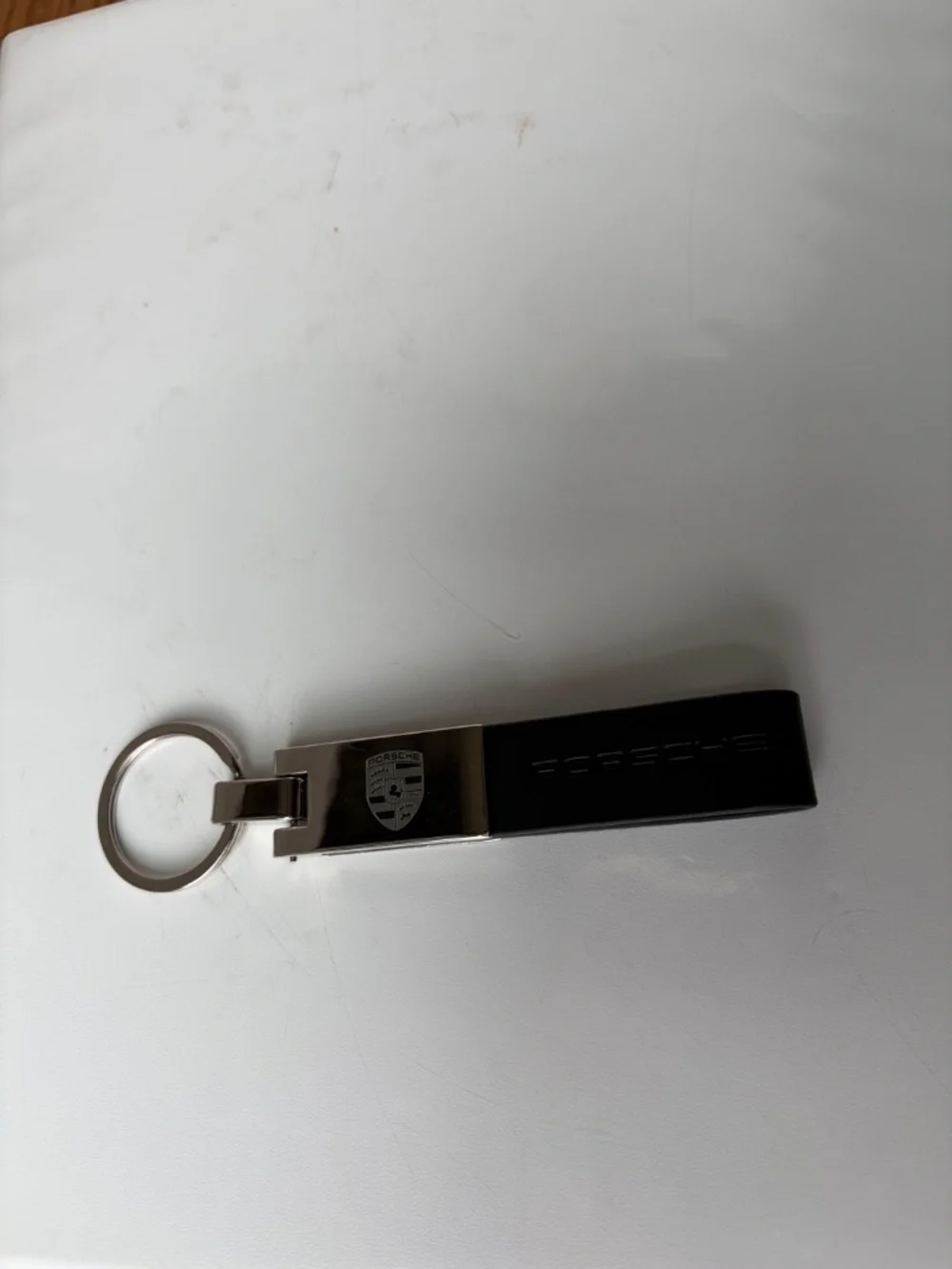 Porsche inspired leather chrome metal key ring